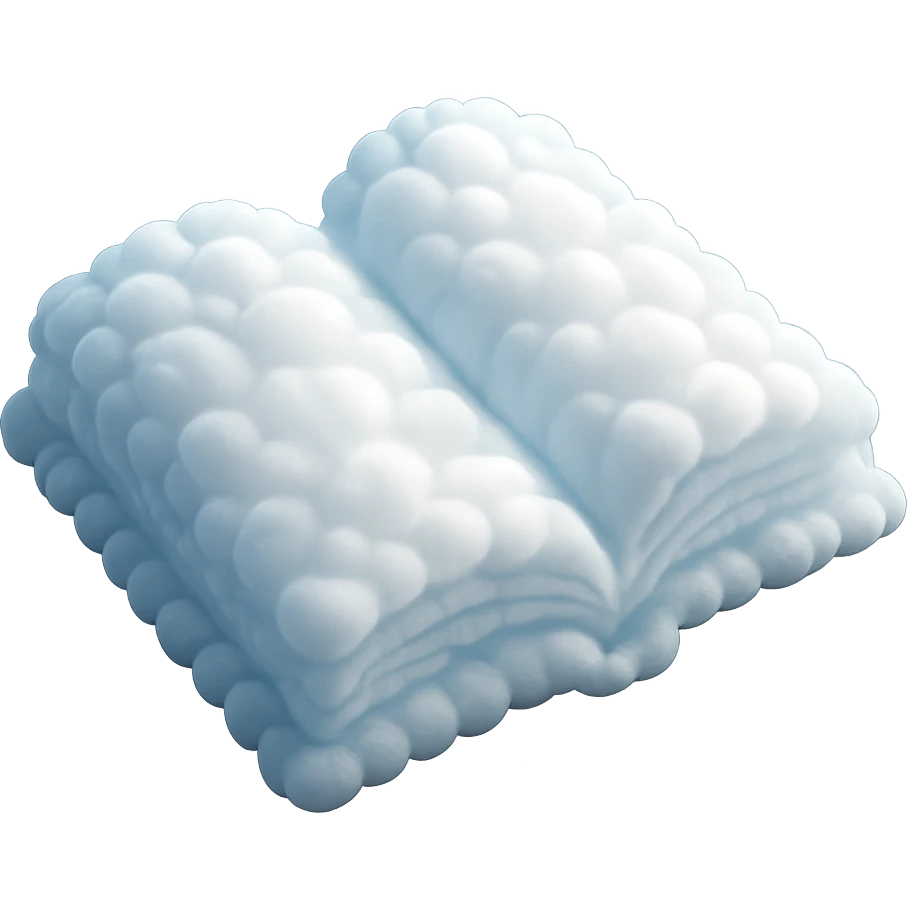top view of a thick open book made entirely of small, very bright white fluffy convex clouds, matte glass style emoji