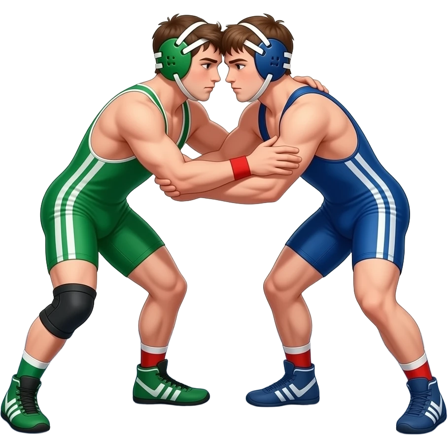 Erstelle ein Bild von zwei Wrestler in kurzen, knappen und engen Wrestler-suits, die beiden haben unterschiedlich Farben an (Grün und blau) und sie ringen in Hühnchen Stellung eng umschlungen miteinander auf dem Boden emoji