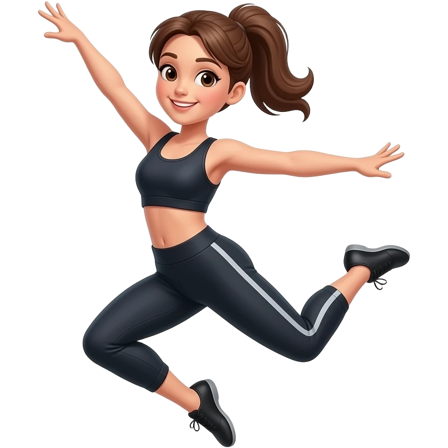 Girl dancer with brown hair brown eyes in workout clothes in a ponytail doing a jump in black jazz shoes emoji