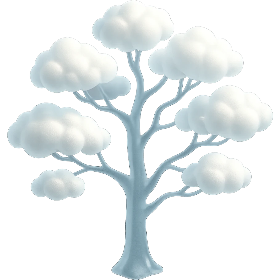 one tree with many branches and a white trunk, crown made of small very bright white fluffy convex clouds, matte glass style emoji