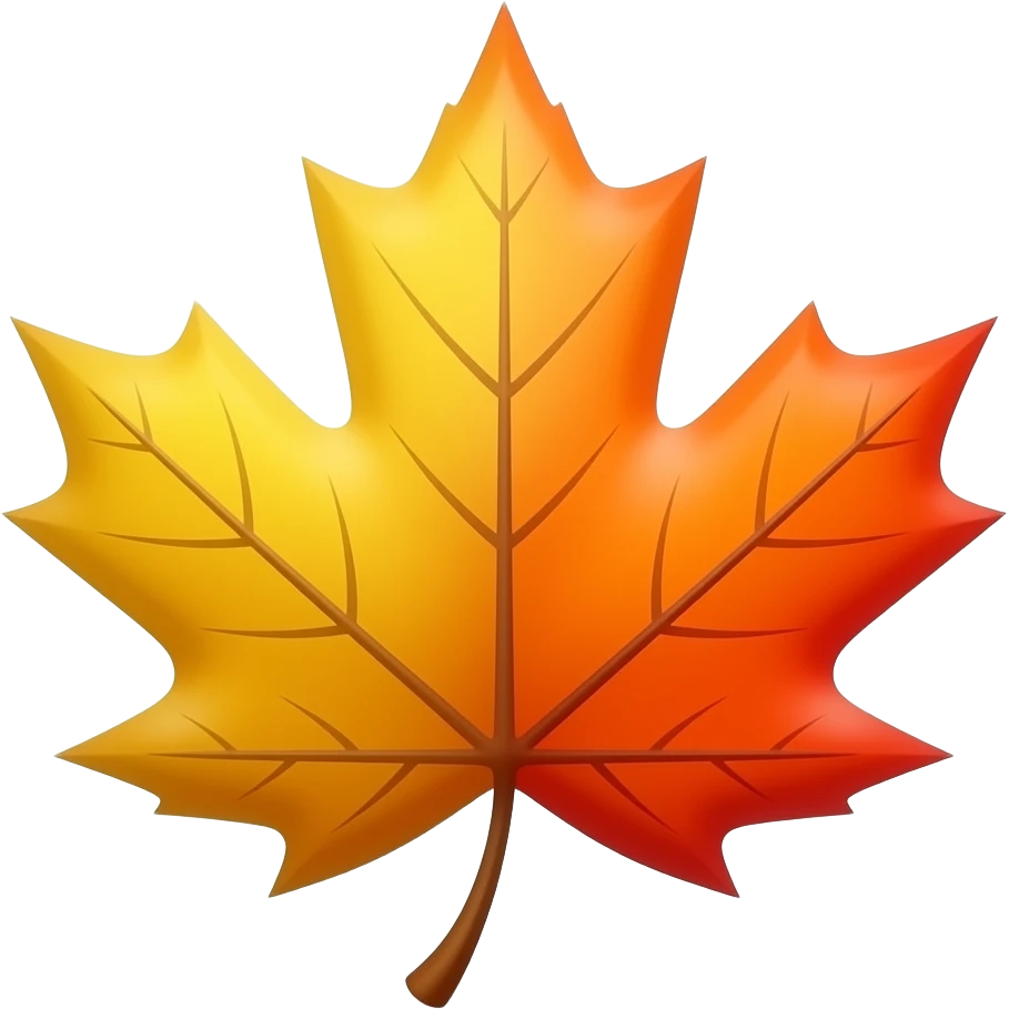A fan of stylized maple leaves in shades of yellow, orange, and red is arranged against a white background. The leaves are depicted with a glossy finish and prominent veins, fanning out from a central point where their stems converge. A subtle shadow is cast beneath the arrangement. emoji