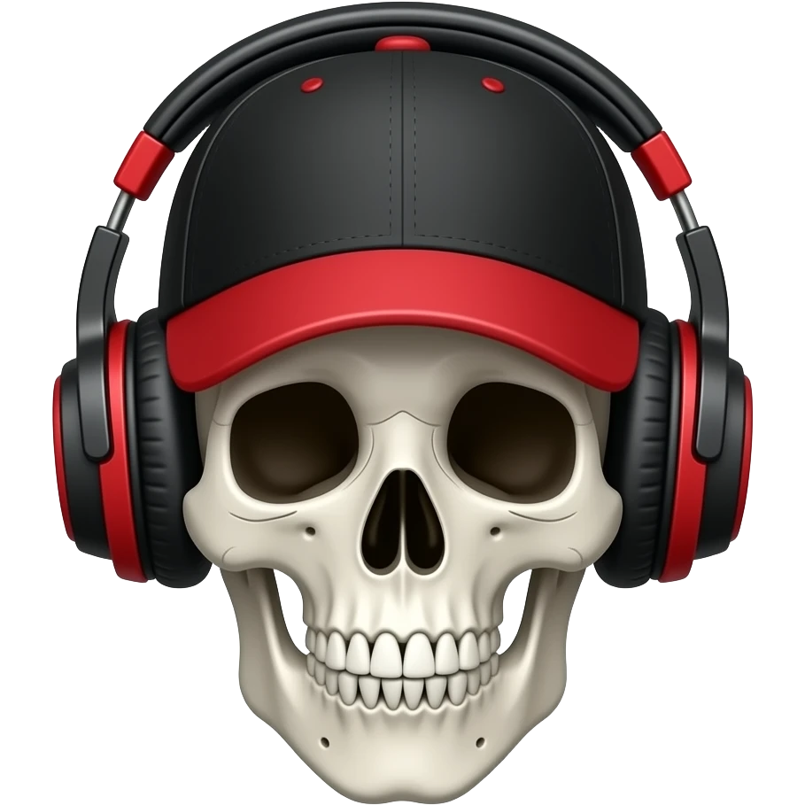 A skeleton wearing a black and red baseball cap and black and red DJ headphones emoji