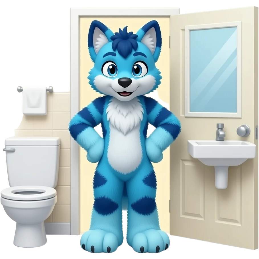 blue fursiut standing outside bathroom door, hands on butt emoji