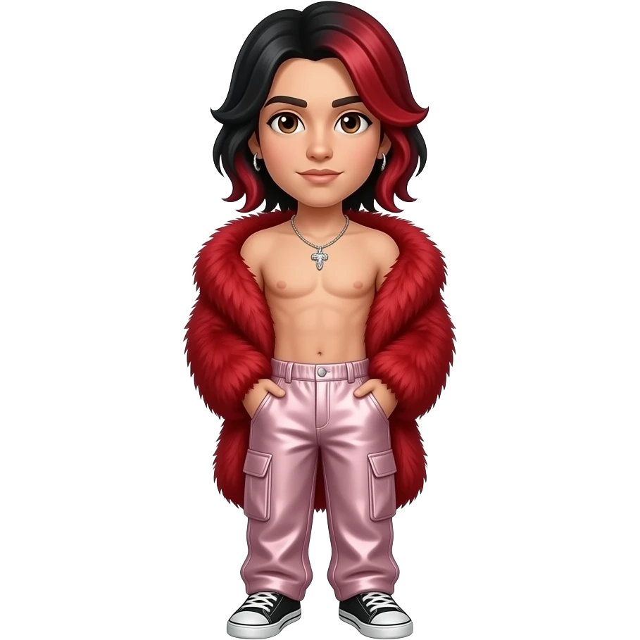 Markiplier with brown eyes, black hair with crimson ombre, red fur shawl, light pink metallic baggy pants, shirtless with necklace and earrings emoji