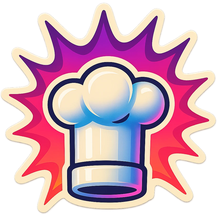 chef's hat, colors explosion, playful and modern with gradient FF4D67, 9D34FF gradient, vibrant emoji