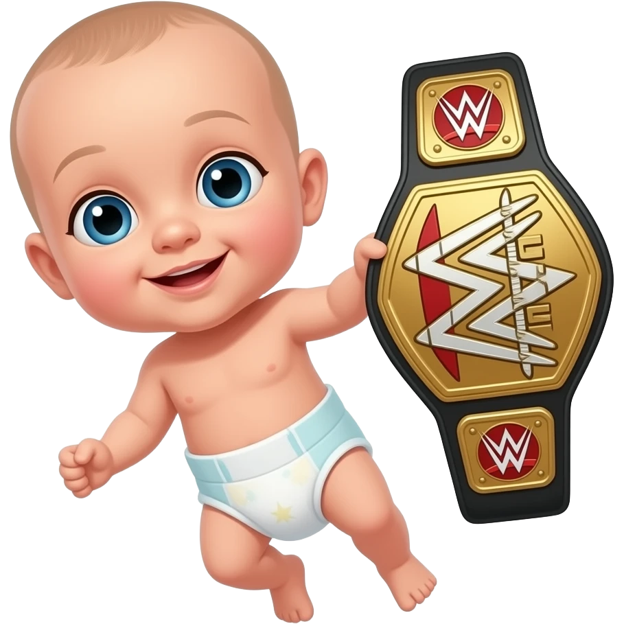 a bald newborn, in space, in a diaper holding up a wrestling championship belt emoji