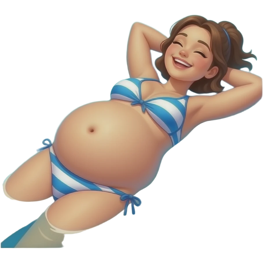 A girl enjoys beach holiday in her swimmers,but she is so full from a lunch break that she is about to burst,Then her fat Tummy rolls & drops out,she will just lay on her back in the shallow cool water,her gluttonous belly promotes a good resort business. emoji