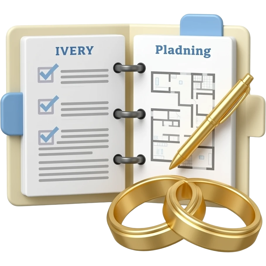 3D emoji of an open ivory wedding planning binder with dusty-blue tabs ...