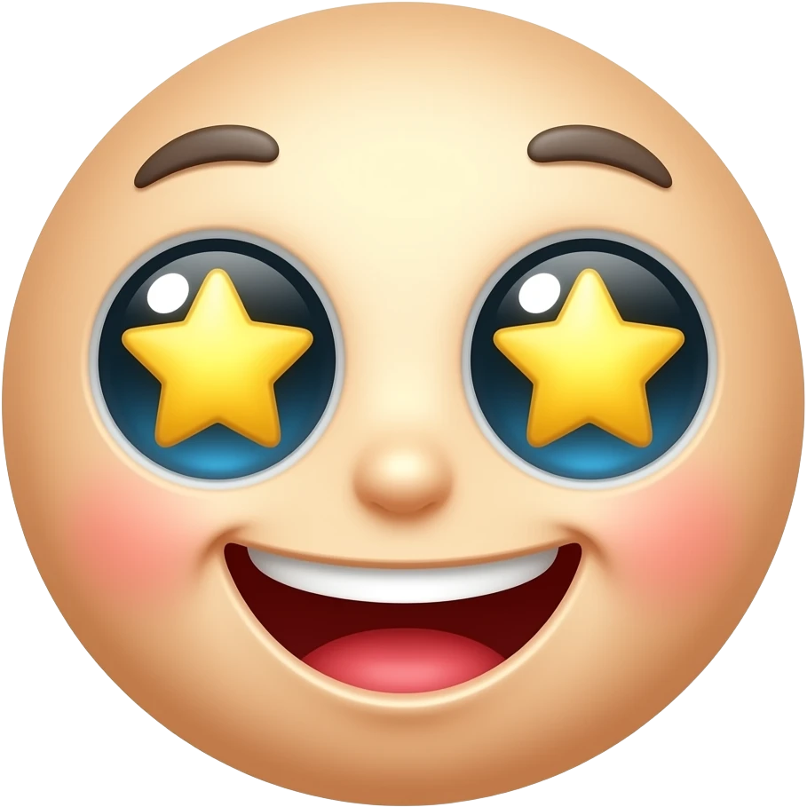 A cute 🤩 face emoji character, bright cheerful expression with star-shaped eyes sparkling, cartoon style, vibrant colors, white background, high quality illustration emoji