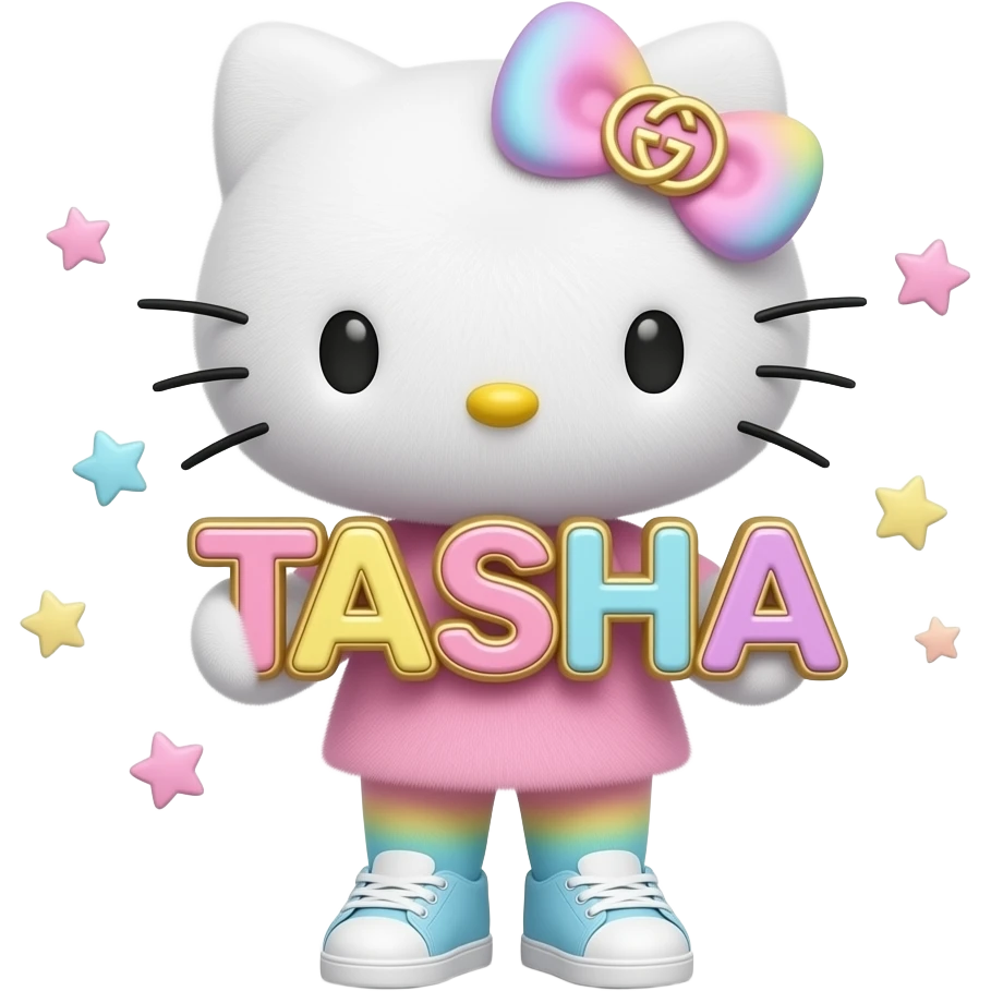 4D Velvety fur texture hello kitty wearing ombre white and blue and pink and yellow ombre pastel colored leggings and sneakers, and with the Gucci symbol on her ombre pastel bow sitting down holding the velvety 3D outlined letters TASHA and surrounded with tiny ombre pastel stars made of candy emoji