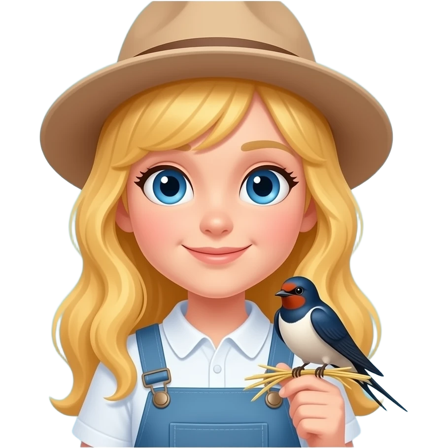 a blonde girl with blue eyes with a swallow bird in straw a hat on the baby blue background emoji