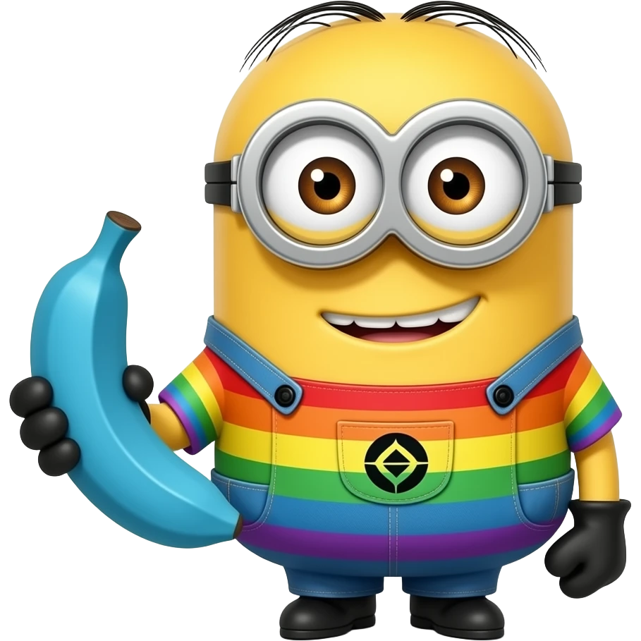 A minion holding a blue banana. And Gru wearing rainbow colored clothing emoji