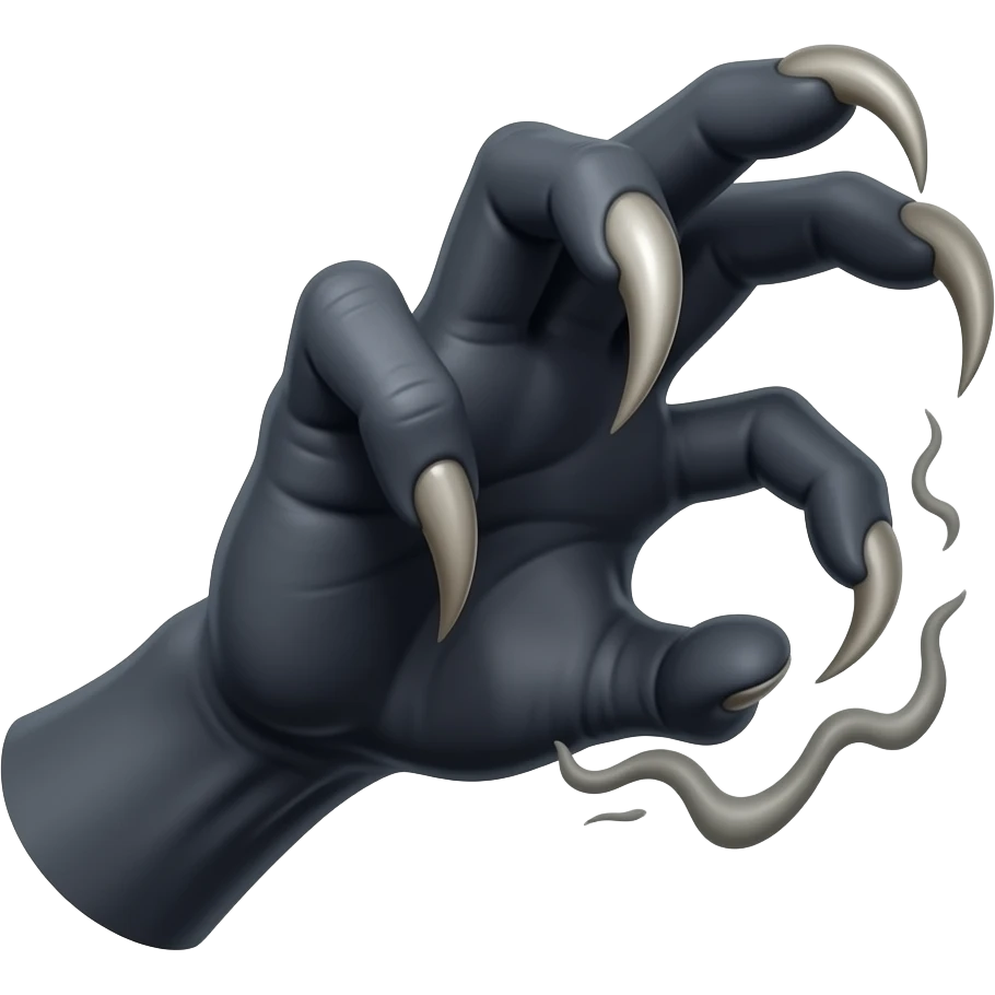 Long dark Demonic hand with sharp claws. Make the hand reach out to attack and slash towards the right of the image violently. Shift the perspective to a side profile to show the curvature and length of the claws more clearly. emoji