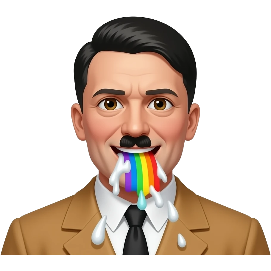 a meme of a mugshot of hitler and he is barfing rainbows and white slimy liquid and smiling wide with meme text up and down saying "he has a penis and i wangt to stuff bombs in my butthole to get pregnent in 890 months🤨😭😫🥳🫥" emoji