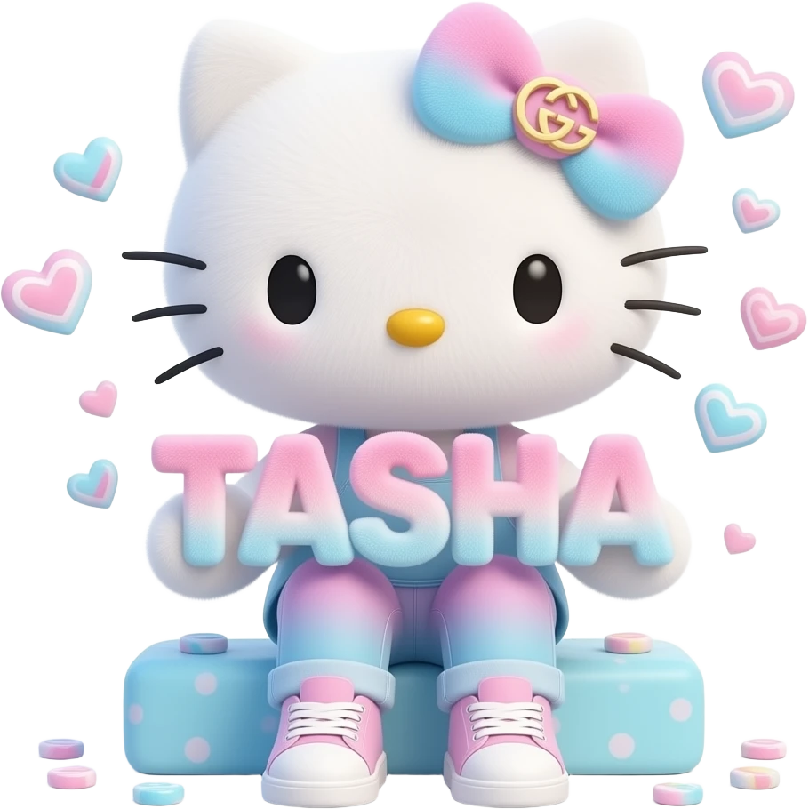 4D Velvety fur texture hello kitty wearing ombre white and blue and pink ombre pastel colored skinny jeans and sneakers, and with the Gucci symbol on her ombre pastel bow sitting down holding the velvety 3D outlined letters TASHA and surrounded with tiny ombre pastel hearts made of candy emoji