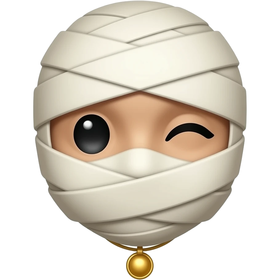 “3D mummy emoji face peeking through soft white bandages, playful wink ...