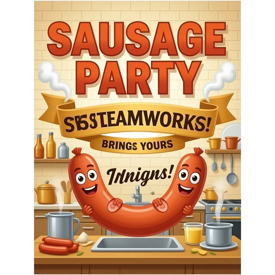 Poster "Sausage party at SteamWorks, bring yours tonight." emoji