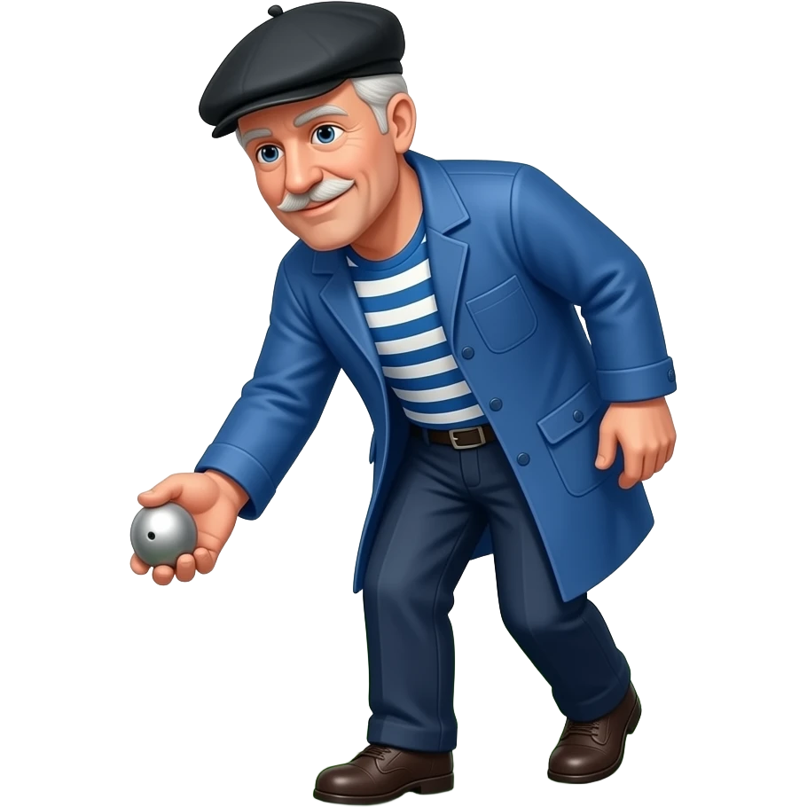 Older french man in beret playing the french game of petanques. The man had no facial hair.  He is holding a silver petanque ball in his hand.  he is wearing a French Travail Blue, chore coat and a striped blue and white french mariners shirt. Long pants. emoji