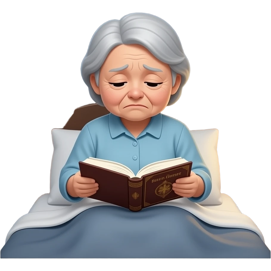 A plump, sad old lady is flipping through a prayer book in the bed emoji