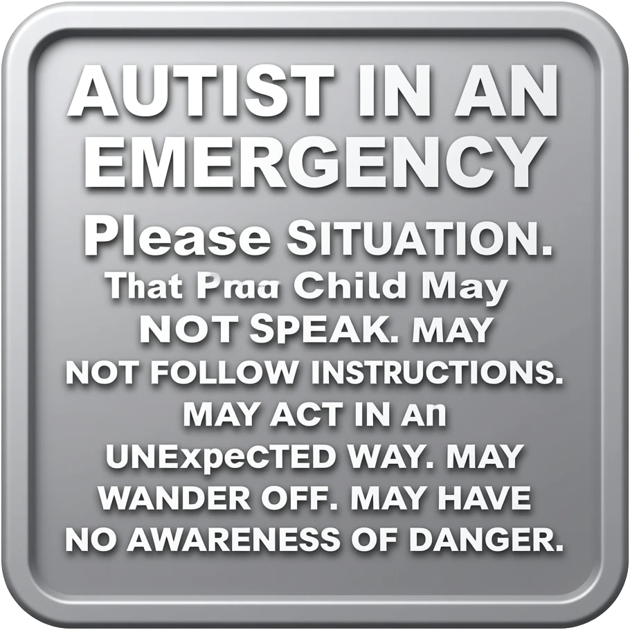 Primary Color Bubbly Cute Relief Primary Colors Girly font Scribbly Font that says "AUTIST IN AN EMERGENCY SITUATION  Please Be Aware That Child May MAY NOT SPEAK  MAY NOT FOLLOW INSTRUCTIONS  MAY ACT IN AN UNEXPECTED WAY  MAY WANDER OFF  MAY HAVE NO AWARENESS OF DANGER" emoji