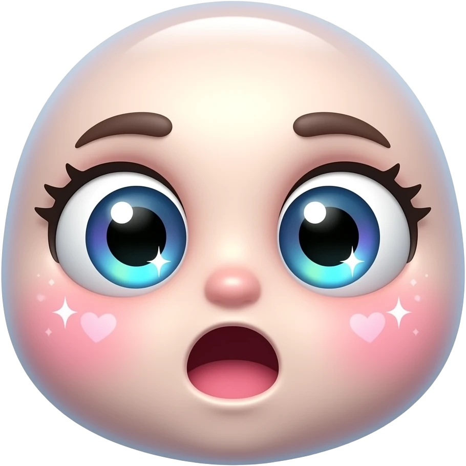 Cute happily shocked emoji with huge sparkling eyes, glowing holographic highlights, glossy 3D texture, floating sparkles and hearts, kawaii internet sticker style emoji