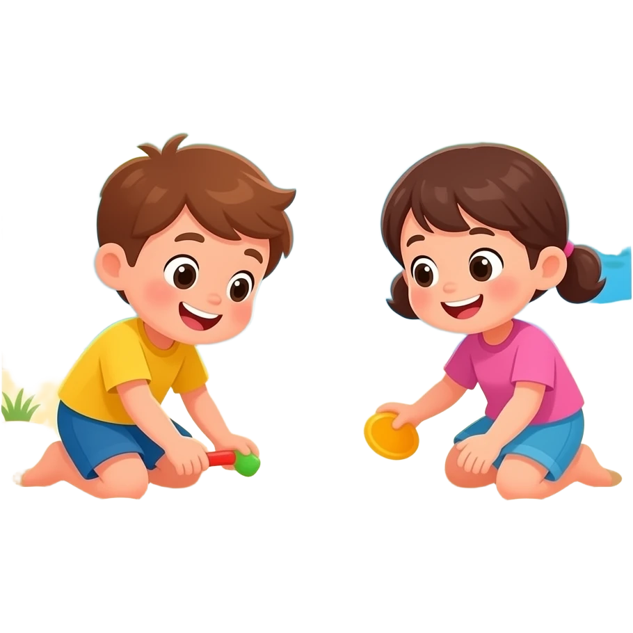 мультяшные дети играют на песке около озера без головных уборов emoji