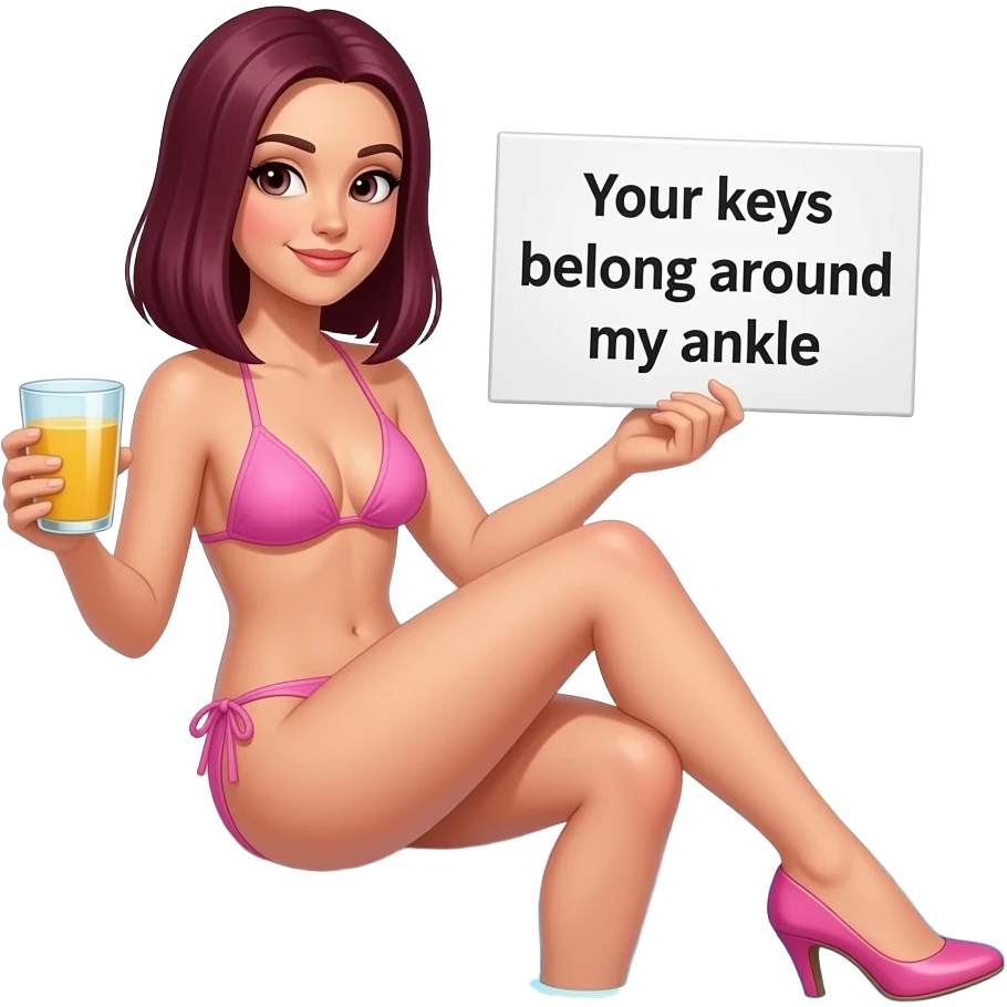 woman with burgundy, very straight shoulder-length hair, very small eyes, sitting sunbathing by the pool, wearing just a baby pink bikini and baby pink very high stiletto heels, holding a glass in one hand and a sign in the other that says "Your keys belong around my ankle". emoji