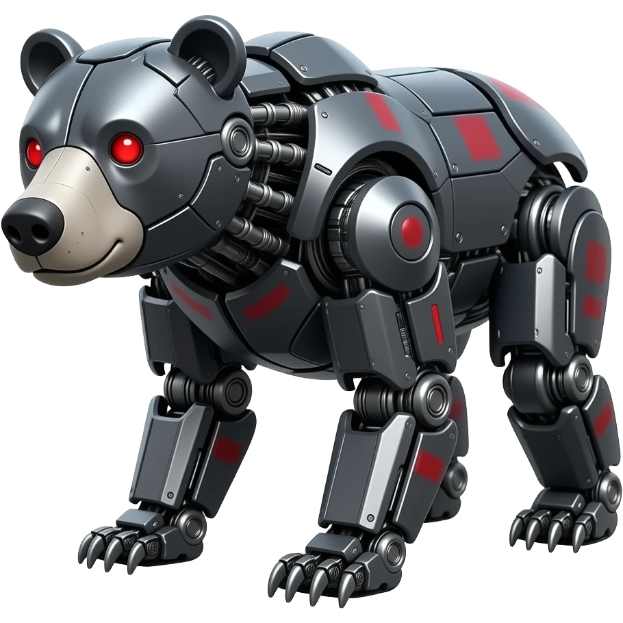 Completely mechanical grizzly bear, (Gray metal snout), Hyper realistic, made of dark gray metal everywhere, with red markings on it's body and red eyes, (ALL GRAY METAL) emoji