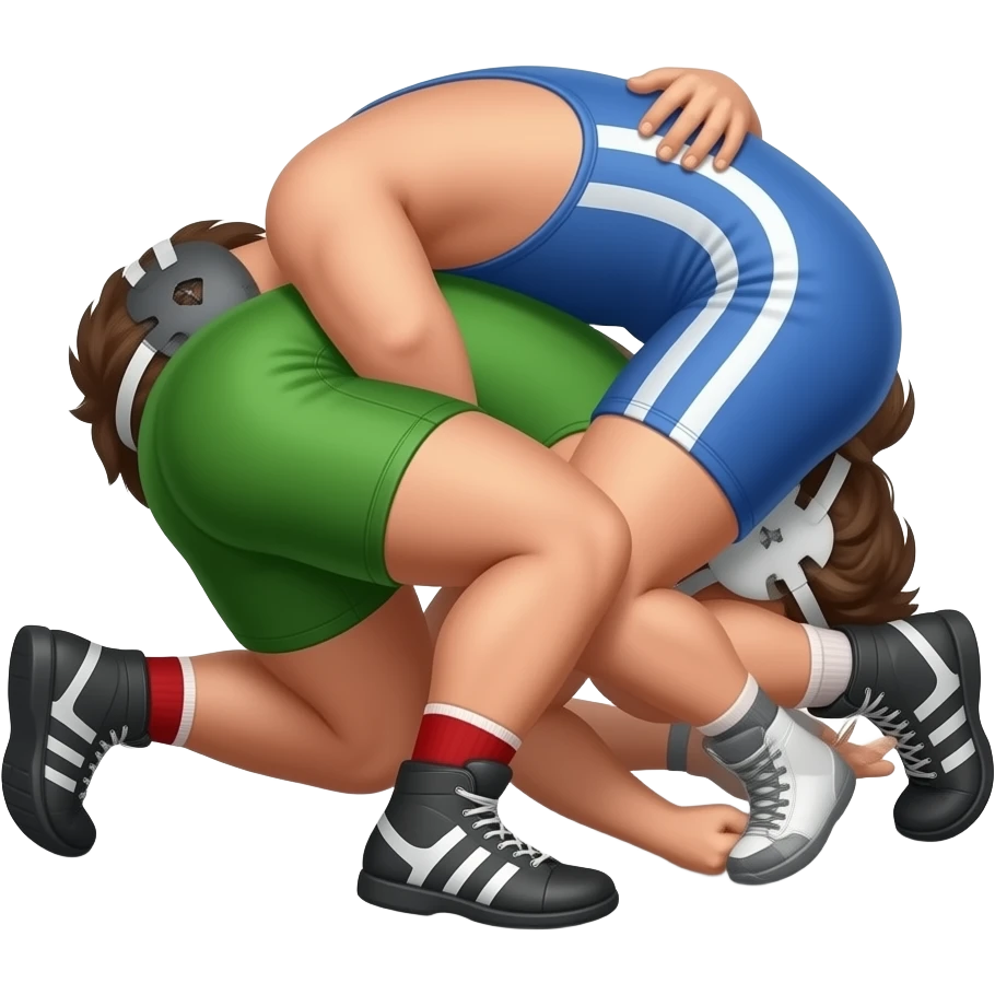 Erstelle ein Bild von zwei Wrestler in kurzen, knappen und engen Wrestler-suits, die beiden haben unterschiedlich Farben an (Grün und blau) und sie ringen in Hühnchen Stellung eng umschlungen miteinander auf dem Boden emoji