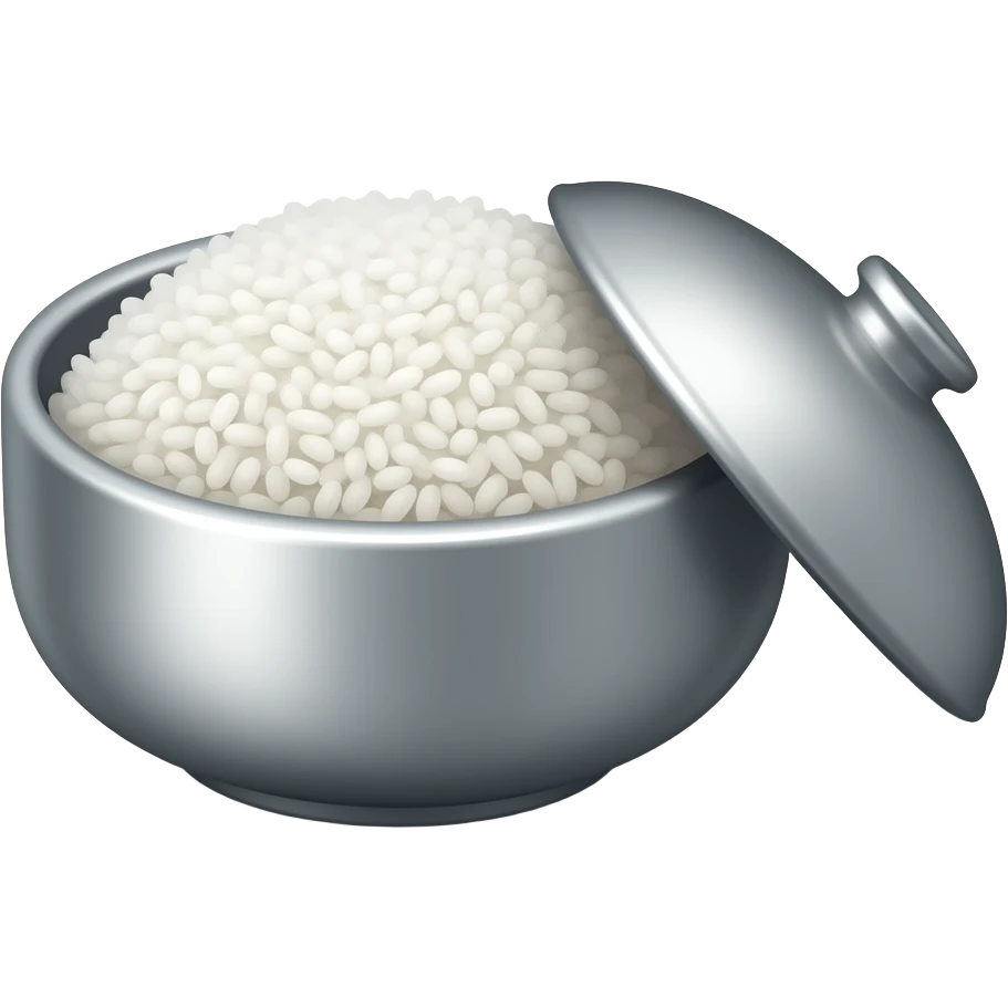 3D emoji style Korean steamed white rice in a small 
stainless steel bowl with lid slightly open, 
fluffy white rice with subtle steam, 
Apple emoji aesthetic, soft highlights, 
transparent background, bold simple shapes emoji