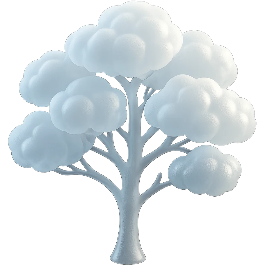 one tree with many branches and a white trunk, crown made of small very bright white fluffy convex clouds, matte glass style emoji