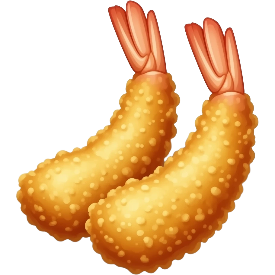 3D emoji style Japanese shrimp tempura, two large fried shrimp 
with golden-brown crispy batter and pink curled tails exposed, 
on a white plate, Apple emoji aesthetic, soft highlights, 
transparent background, bold simple shapes emoji