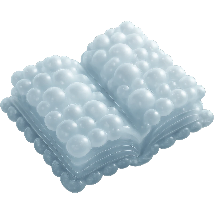 top view of a thick open book made entirely of small, very bright white fluffy convex clouds, matte glass style emoji