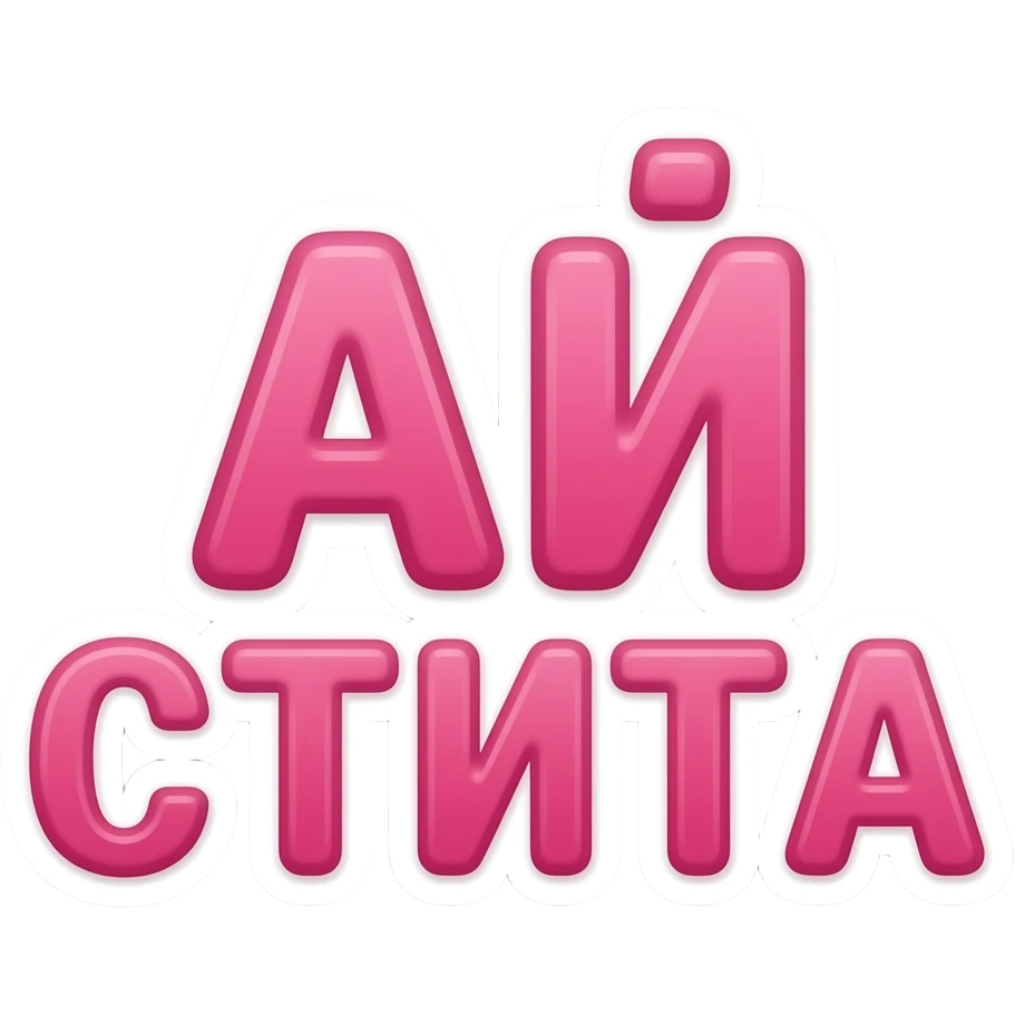 Cute pink sticker text saying “АЙ СТИГА”, bold rounded letters, glossy effect, transparent background emoji