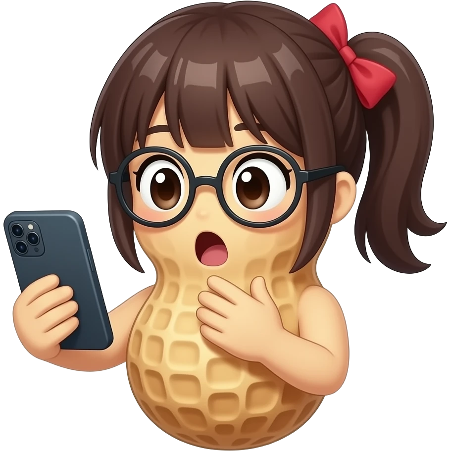 An anthropomorphic peanut -that looks like a peanut with a peanut FACE and hands and body-  wearing glasses,  anime girl hairstyle , holding a phone and looking at it in shock, in an anime style emoji