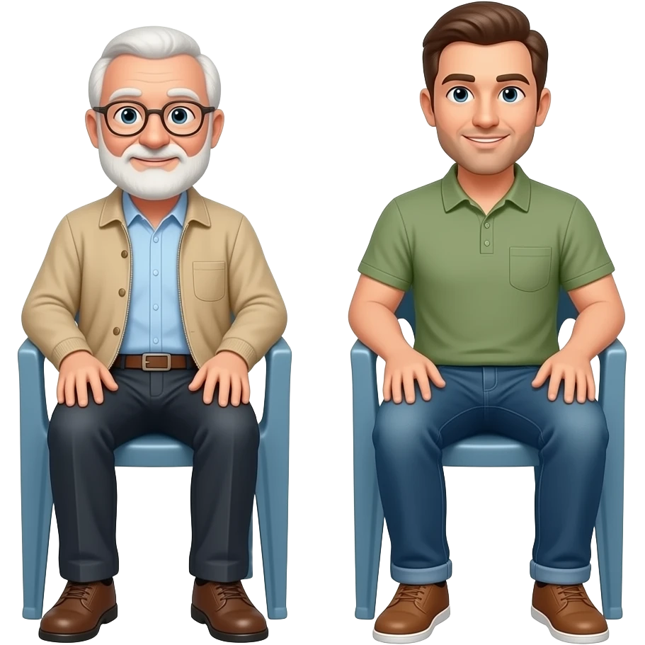 An older gentleman and a man in his 30s sat relaxed in plastic chairs. emoji