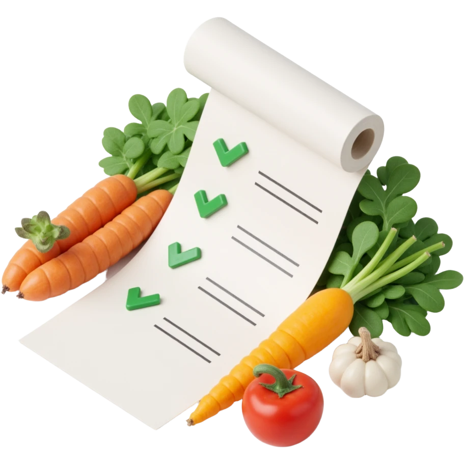 floating rolled paper list with green checkboxes and around vegetables emoji