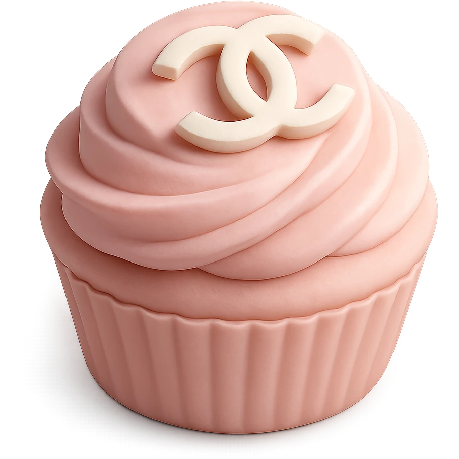 pastel pink Chanel cupcake with a white chocolate logo emoji