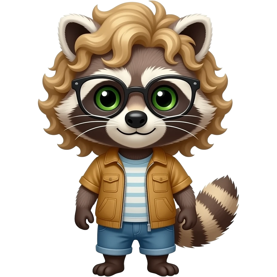racoon with light brown and blonde highlights curly thick shoulder length hair and glasses, with green eyes, with clothes emoji