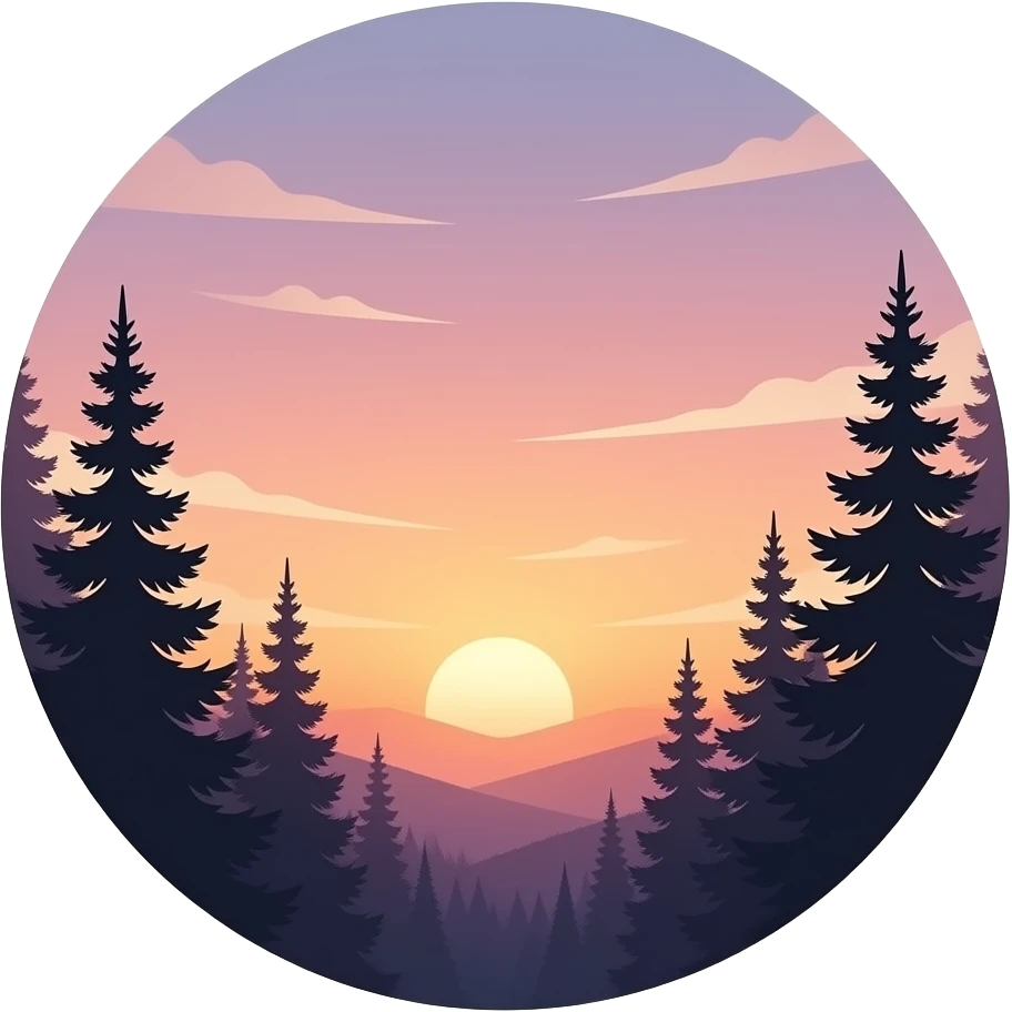Realistic sunset with silhouetted trees and soft pastel sky, circular ...