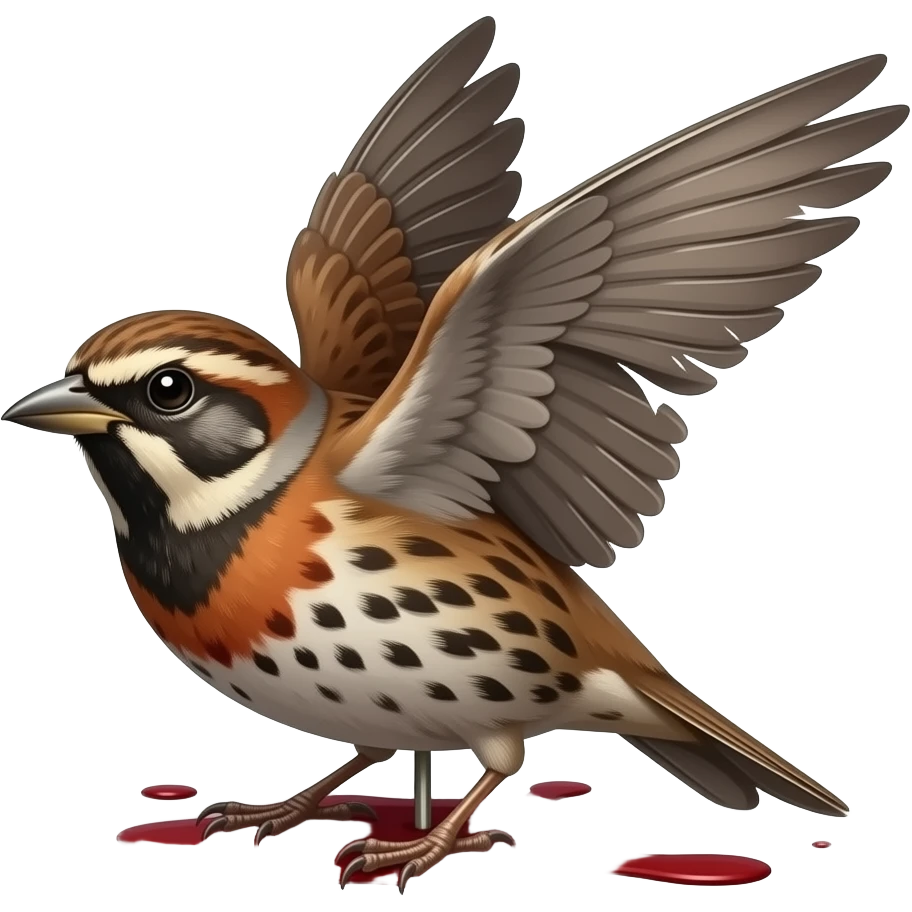 A pinned up detailed 2D render iPhone emoji icon of a detailed Brown and red color of a dead songbird pinned up with its wings sprawled out and mangled and blood underneath the bird emoji