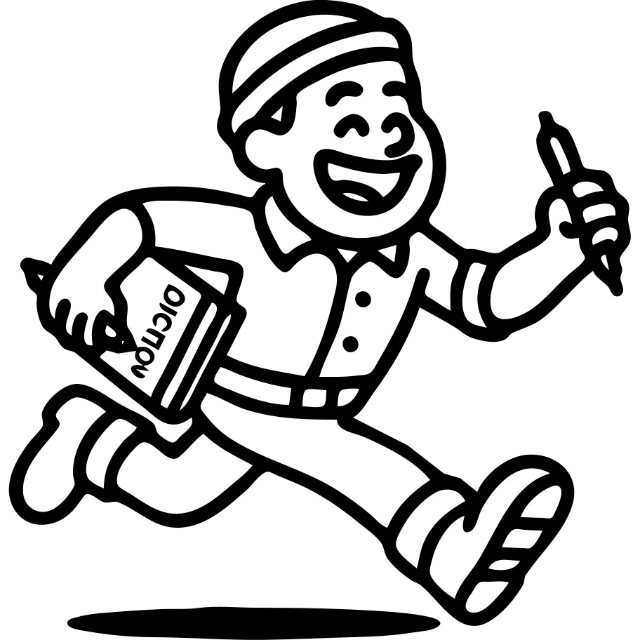 Depict the lumberjack without a beard, with a cheerful expression and dynamic pose. Include a dictionary and a red pen. No beard and no background. emoji