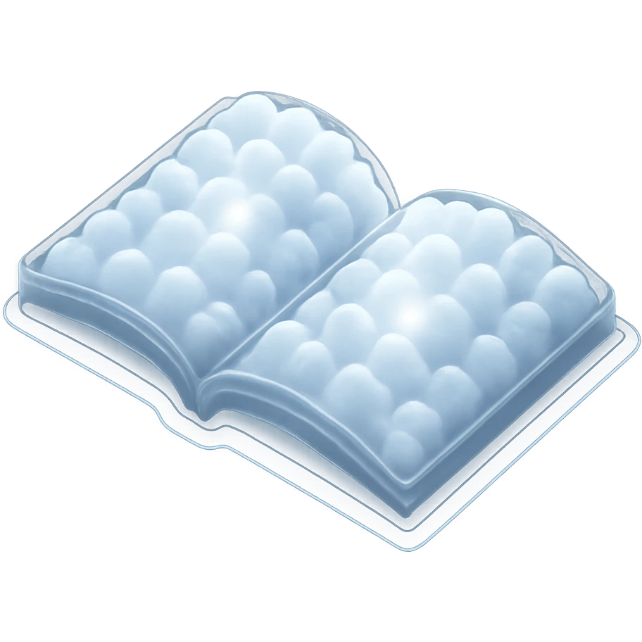 top view of a thick open book made entirely of small, very bright white fluffy convex clouds, matte glass style emoji