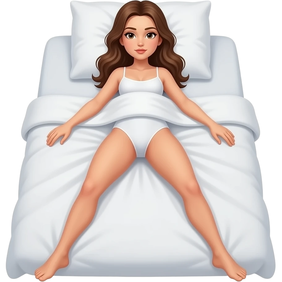 woman with brown hair laying on bed with legs open, no clothes emoji