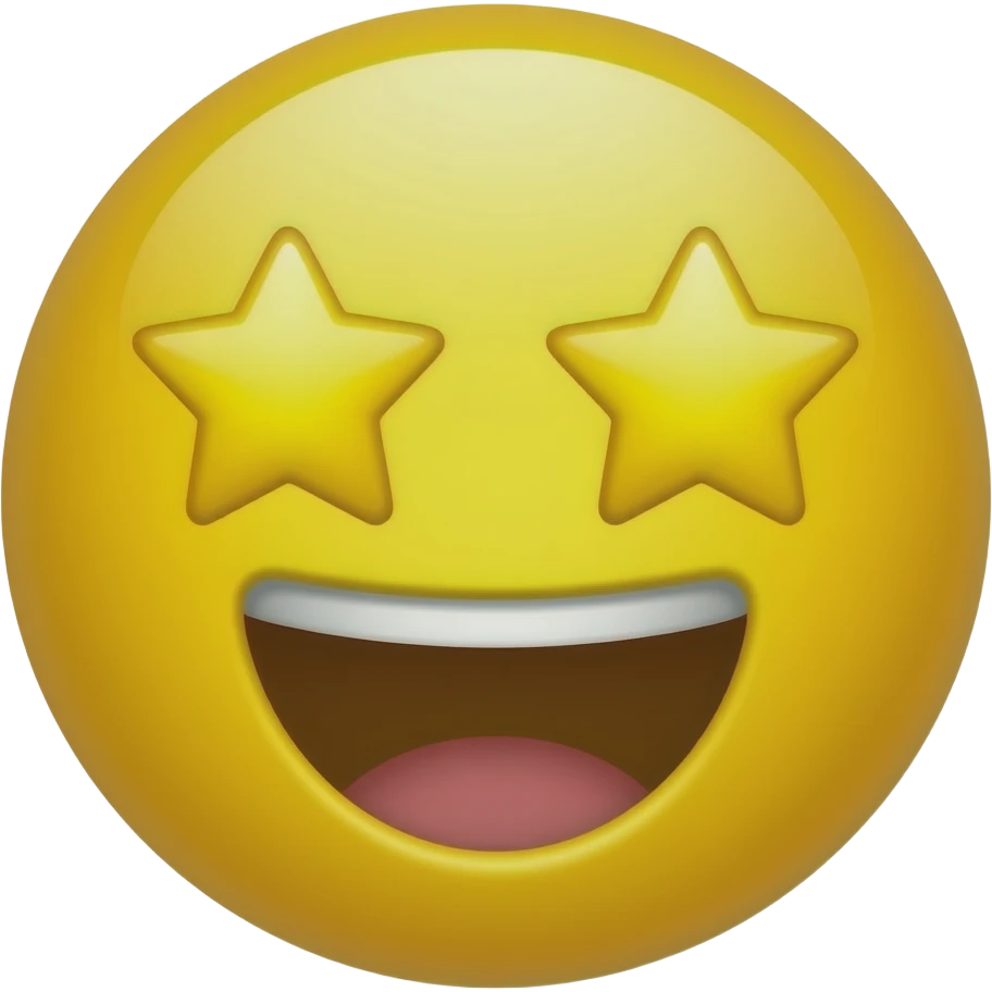 🤩 emoji face, almost identical to the original Apple-style star-struck emoji, bright yellow round face, huge yellow star eyes, wide excited smile, glossy 3D render, cute and expressive, clean white background, high quality emoji