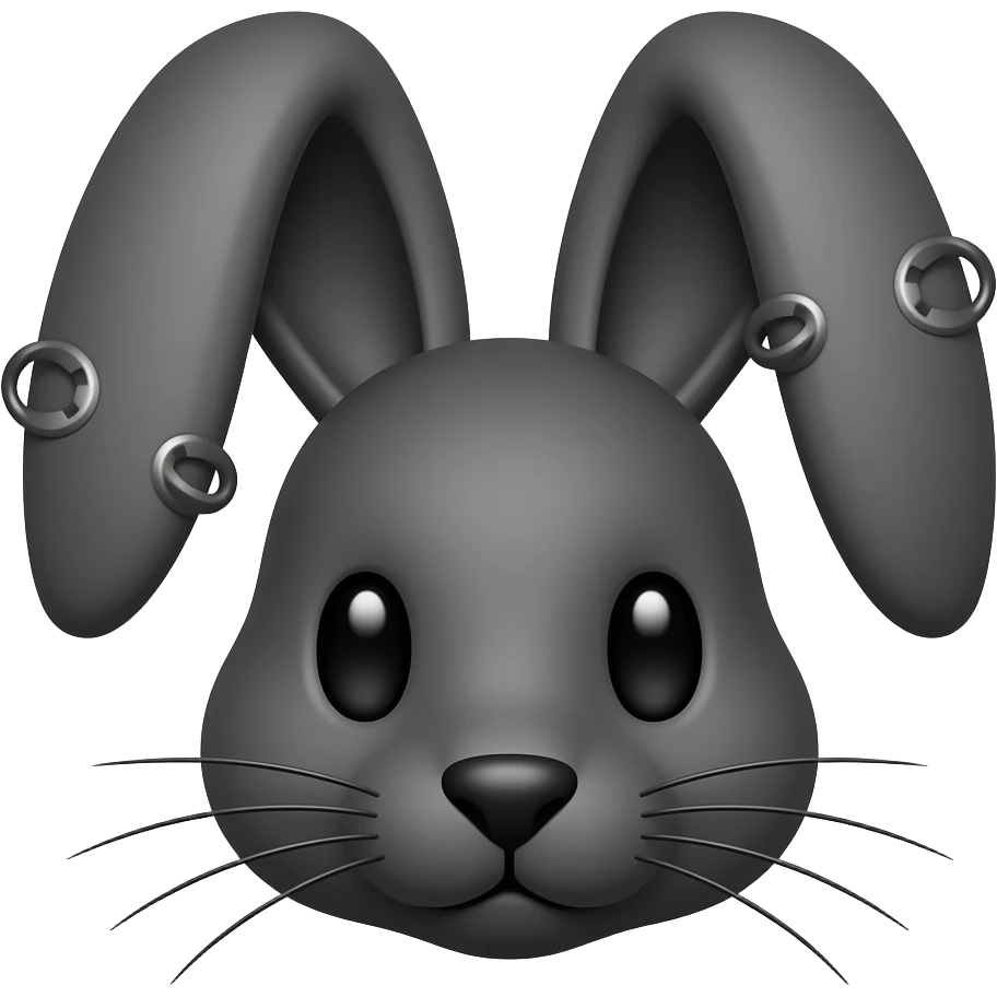 black rabbit face with pierced ears black eyes emoji