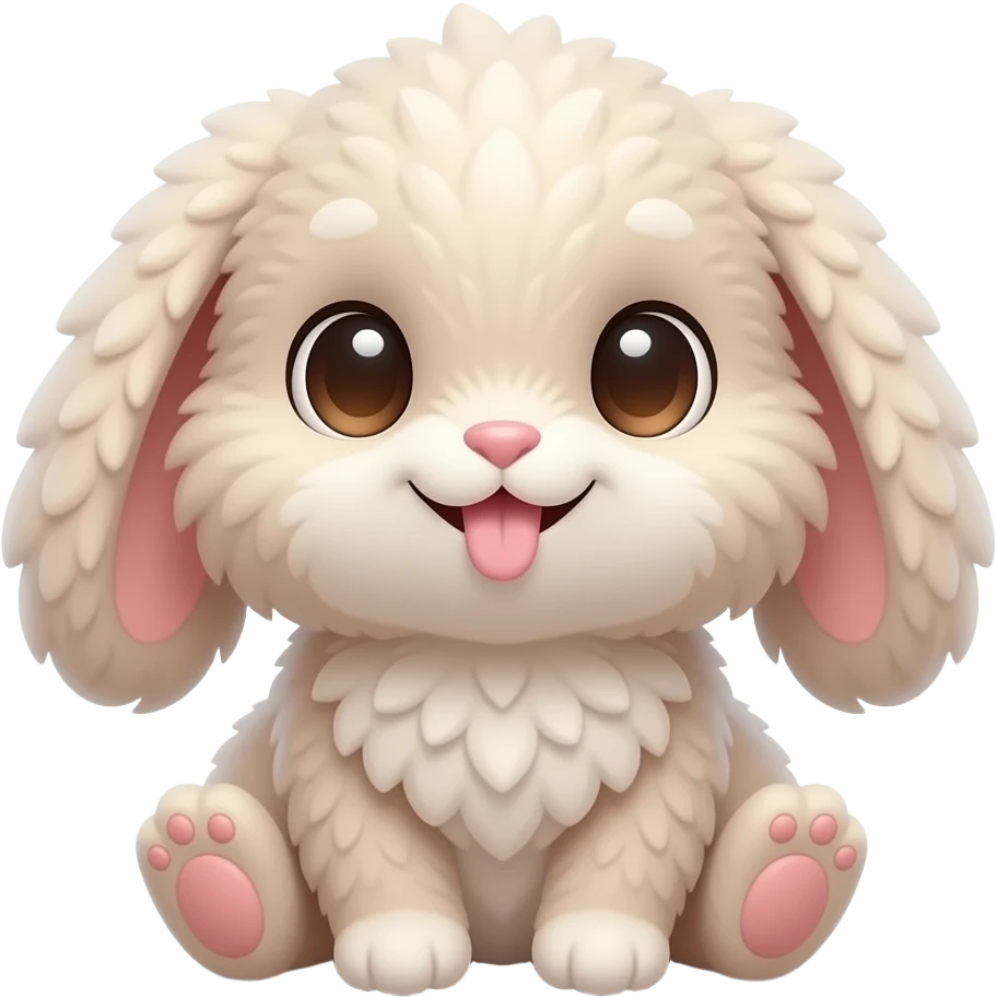 A cute smiling fluffy toy rabbit sitting on a soft, huge sparkling eyes, curly fluffy fur, tiny pink tongue sticking out, cozy warm lighting, ultra adorable expression, detailed fur texture, soft shadows, kawaii aesthetic, high quality, centered composition emoji