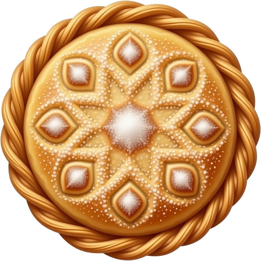 Realistic Moroccan bastela (pastilla), round slightly domed golden flaky warka pastry, smooth baked surface, dusted with powdered sugar and cinnamon in light pattern, elegant festive dish, centered, soft lighting, ultra detailed, no filling visible emoji