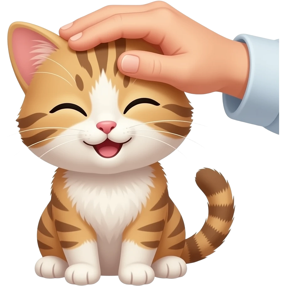 앉아있는 아기 고양이 머리 손으로 쓰다듬기, 고양이는 눈감고 행복해하는 표정 emoji