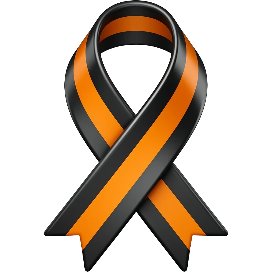 3D emoji-style St. George ribbon, black and bright orange stripes, glossy satin texture, looped ribbon with crossed tails, clean edges, soft shadows, transparent background. emoji